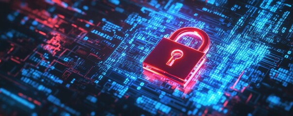 digital security concept with glowing lock symbol and binary code in a cyber tunnel representing dat