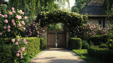 Wall Mural - English country front yard featuring a quaint wooden gate, blooming roses, and neatly trimmed hedges, no people, no logo.