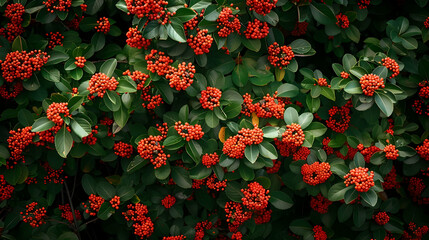 Wall Mural - Vibrant Red Berries on Green Bush Close-up Nature Photography