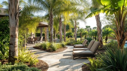 Wall Mural - Front yard landscaping with palm trees, cozy lounge chairs, and a shaded seating area for relaxation, no people, no logos.