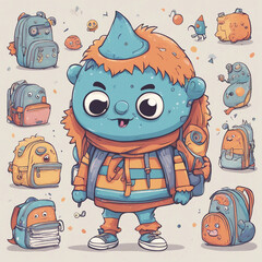 Wall Mural - cute little monster character illustration going to school