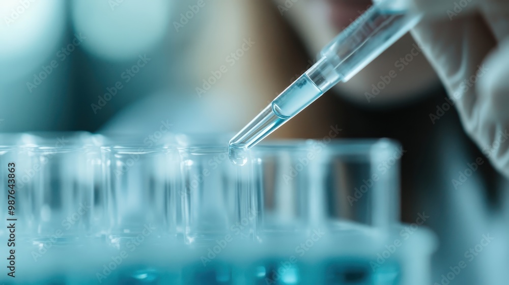 A close-up of a pipette dispensing a drop of blue liquid into test ...