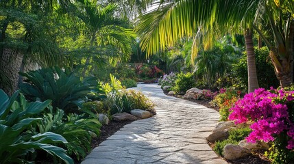 Wall Mural - Relaxing resort-style landscaping with stone pathways, tropical flowers, and shaded palm trees, no people, no logos.