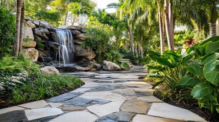 Wall Mural - Resort-style landscaping in a front yard with stone pathways, palm trees, and a tranquil waterfall, no people, no logos.