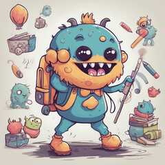 Wall Mural - cute little monster character illustration going to school