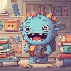 cute little monster character illustration going to school