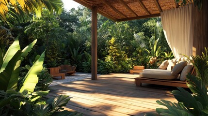 Wall Mural - Shady resort-style landscaping with a wooden deck, tropical plants, and a cozy lounge area, no people, no logos.