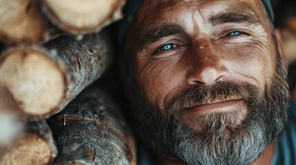 A person is seen near stacked logs, indicating wood collection or logging activity in a forest setting, highlighting the relationship between humans and nature.