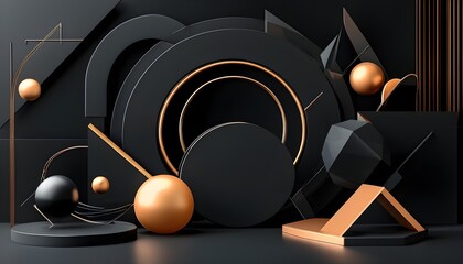 Wall Mural - modern abstract black background with geometric 3D shapes in a minimalist composition