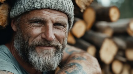 A bearded man wearing a knitted hat, sitting comfortably amongst stacked logs, exuding an air of satisfaction and tranquility in the outdoor environment.