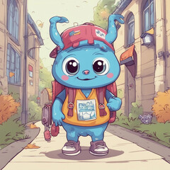 cute little monster character illustration going to school