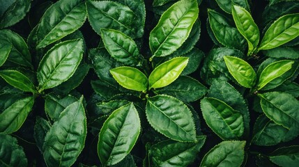 An intricate close-up of fresh green leaves gently overlapping, forming a stunning natural pattern that highlights the beauty and intricacy of plant life.