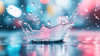 A stunning capture of a water splash in mid-air, highlighted by vibrant colors and a beautiful bokeh effect in the background, creating a dynamic and visually appealing image.