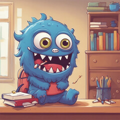 Wall Mural - cute little monster character illustration going to school