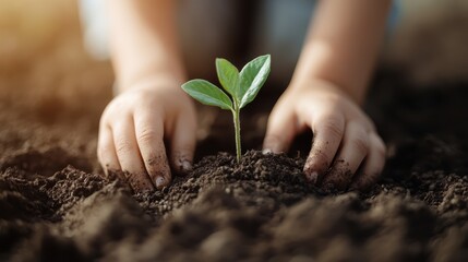 A child's hands are seen planting a small seedling in the soil, depicting an act of care and the foundational steps towards growth and nurturing in a natural environment.