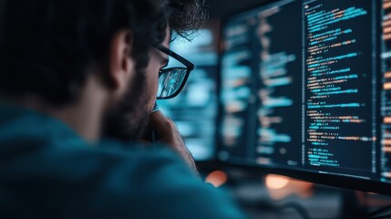 a programmer deeply immersed in analyzing intricate lines of code on dual monitors, demonstrating fo