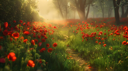 Sticker - Sunlit Path Through a Poppy Field