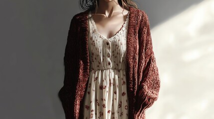 A woman models a stylish knitted cardigan over a floral dress in a softly lit indoor setting.