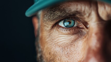 This image captures a close-up shot of a blue eye with an intense gaze and a cap brim above, highlighting the eye's vibrant color and the detailed texture of the skin.