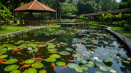 Wall Mural - Serene Pond with Koi Fish and Water Lilies in a Lush Tropical Garden