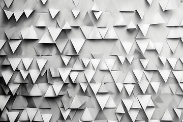 White wall covered with triangular paper cutouts, arranged in an artistic pattern that creates depth and dimension