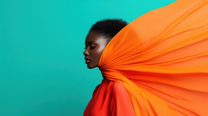 An elegant profile of a model standing against a teal background, adorned with billowing orange fabric, capturing movement, style, and the essence of modernity.