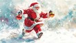 © gen_pick - Joyful Santa Claus dancing with ornaments in snow-filled festive watercolor art