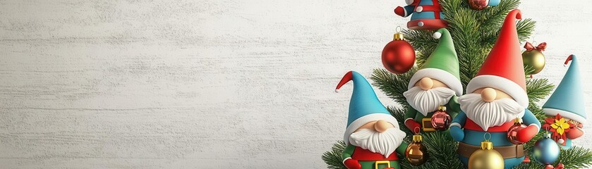 Gnomes in colorful holiday attire, hanging ornaments on a Christmas tree, 3D illustration