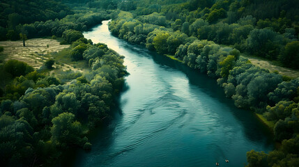 Wall Mural - Aerial View of a Serene River Winding Through Lush Green Forest