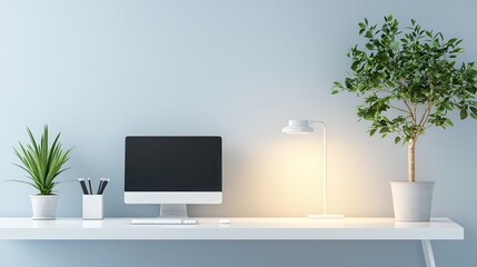 Poster - Minimalist Home Office Desk with Computer, Lamp, and Plants.