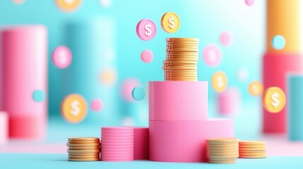 Wall Mural - 3D Rendering of Dollar Coins on Pink and Blue Background.