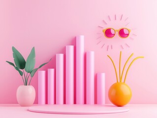 Poster - Pink and Orange Geometric Shapes on Pink Background.