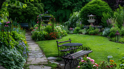 Wall Mural - Serene Garden Oasis Lush Greenery Stone Path and Tranquil Seating