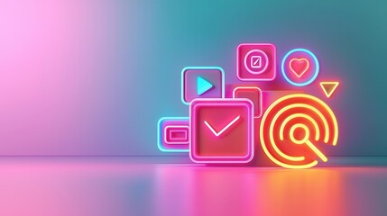 Canvas Print - Neon Social Media Icons on Pink and Blue Background.