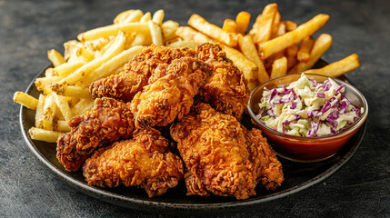 A delectable plate brimming with crispy fried chicken wings, golden french fries, creamy coleslaw and a side of dipping sauce, ideal for a hearty meal.