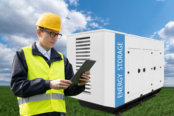 Poster - Engineer on a backround of solar panels with renewable energy storage.