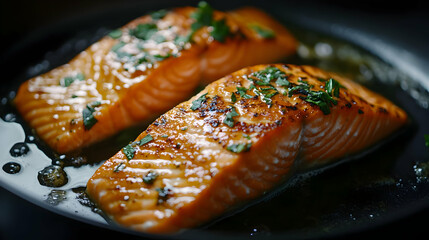 close up of two seared salmon filets with herbs on a black pan