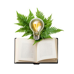 Open book with light bulb and ferns, white isolate background