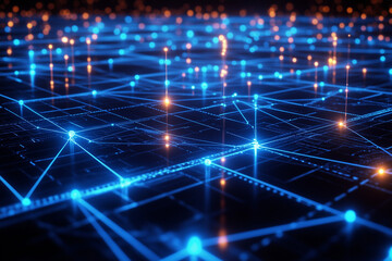 Abstract glowing data network grid in blue and orange tones, illustrating digital connectivity and technological advancement in cyberspace