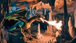 © ryodimas - A photo of a dragon in a cave. The dragon has a dark green body with orange and yellow patterns, and is breathing fire. The cave has stalactites and stalagmites, and is lit by a single light source.