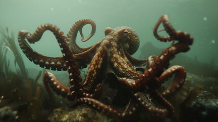 Vibrant big red octopus on ocean floor, arms curled and extended. Reddish brown coloration with textured skin. Marine life in natural habitat surrounded by seaweed