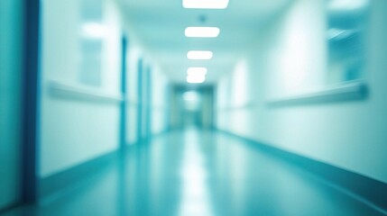 Sticker - Blurred Hospital Corridor: A soft, ethereal light bathes the sterile, blue-toned hospital hallway, inviting viewers to contemplate the unseen lives and stories unfolding within.