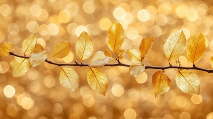 Wall Mural - Tender trsanlucent autumn branch with yellow leaves foliage on bokeh background outdoors