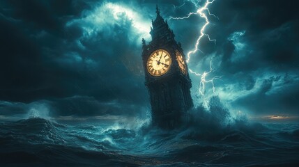 A giant clock tower in the middle of a stormy sea, its hands glowing as lightning cracks across the sky.