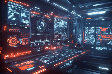 Wall Mural - High-tech control room with multiple holographic displays showing futuristic data, charts, and analytics in a sci-fi setting, illustrating advanced technology