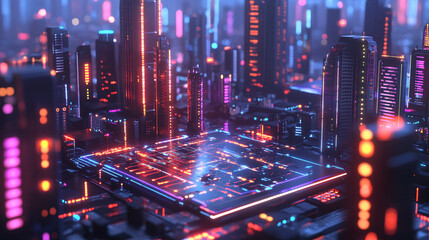 Wall Mural - A futuristic cityscape built on a massive microchip with vibrant circuits lighting up the skyline. 