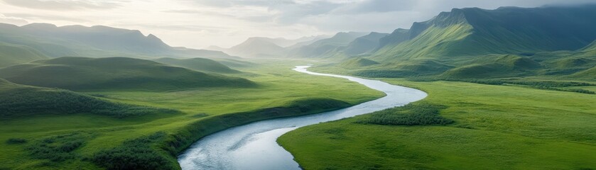 Wall Mural - A river runs through a lush green valley