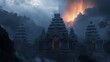 © Maxim - An ancient temple complex is shrouded in mist and shadow, with an active volcano glowing in the background as lava illuminates the dark scene