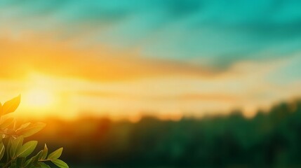 Canvas Print - A close-up of green leaves against a blurred sunset sky. The sky is a mix of orange and blue, creating a warm and inviting feeling.