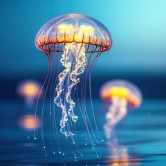 Wall Mural - Glowing Jellyfish in Blue Water.